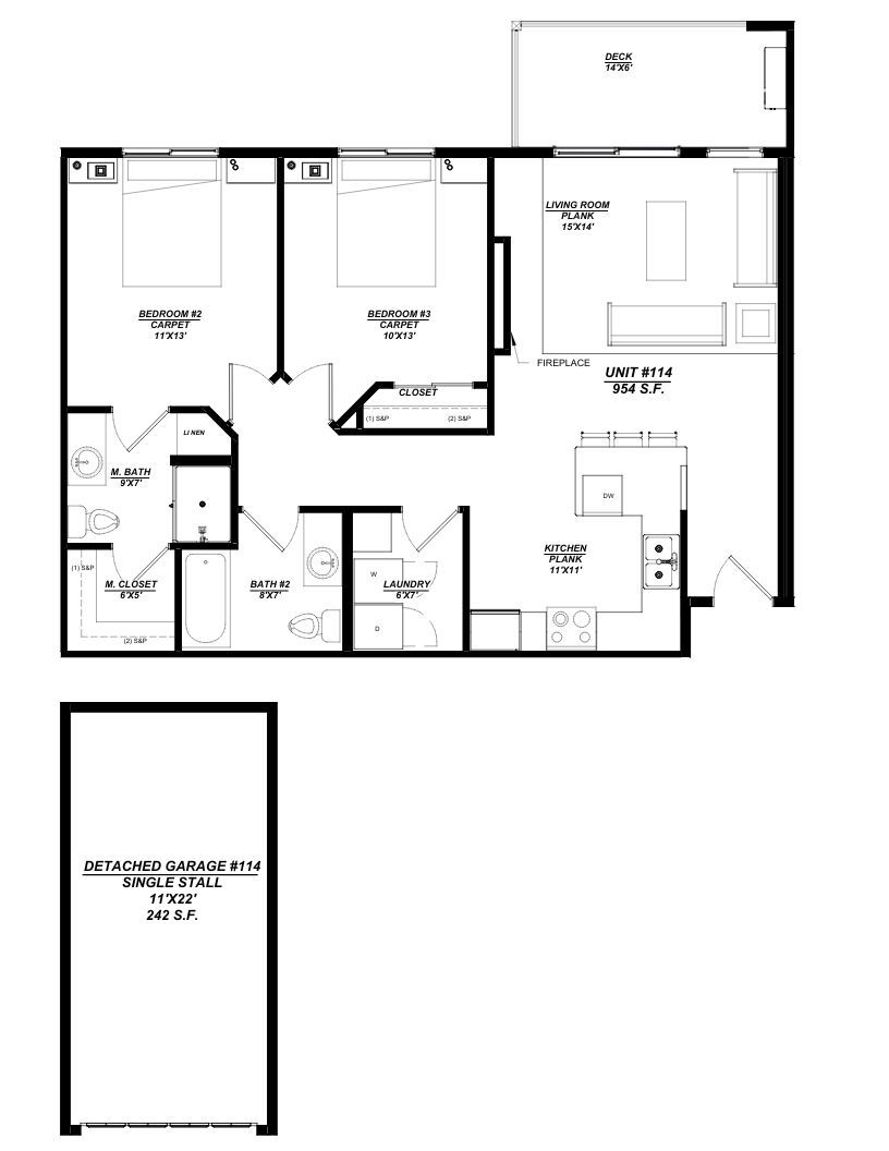 Woodland Creek Unit 114 – 2 Bed | 2 Bath, 954 sq ft, detached 1-car garage