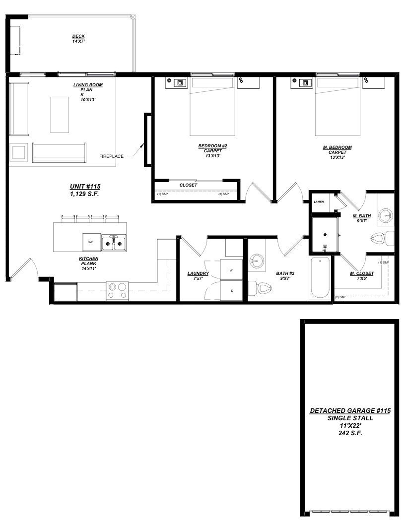 Woodland Creek Unit 115 – 2 Bed | 2 Bath, 1,129 sq ft, detached 1-car garage