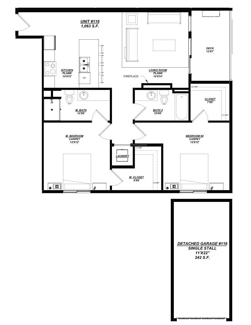 Woodland Creek Unit 116 – 2 Bed | 2 Bath, 1,063 sq ft, detached 1-car garage