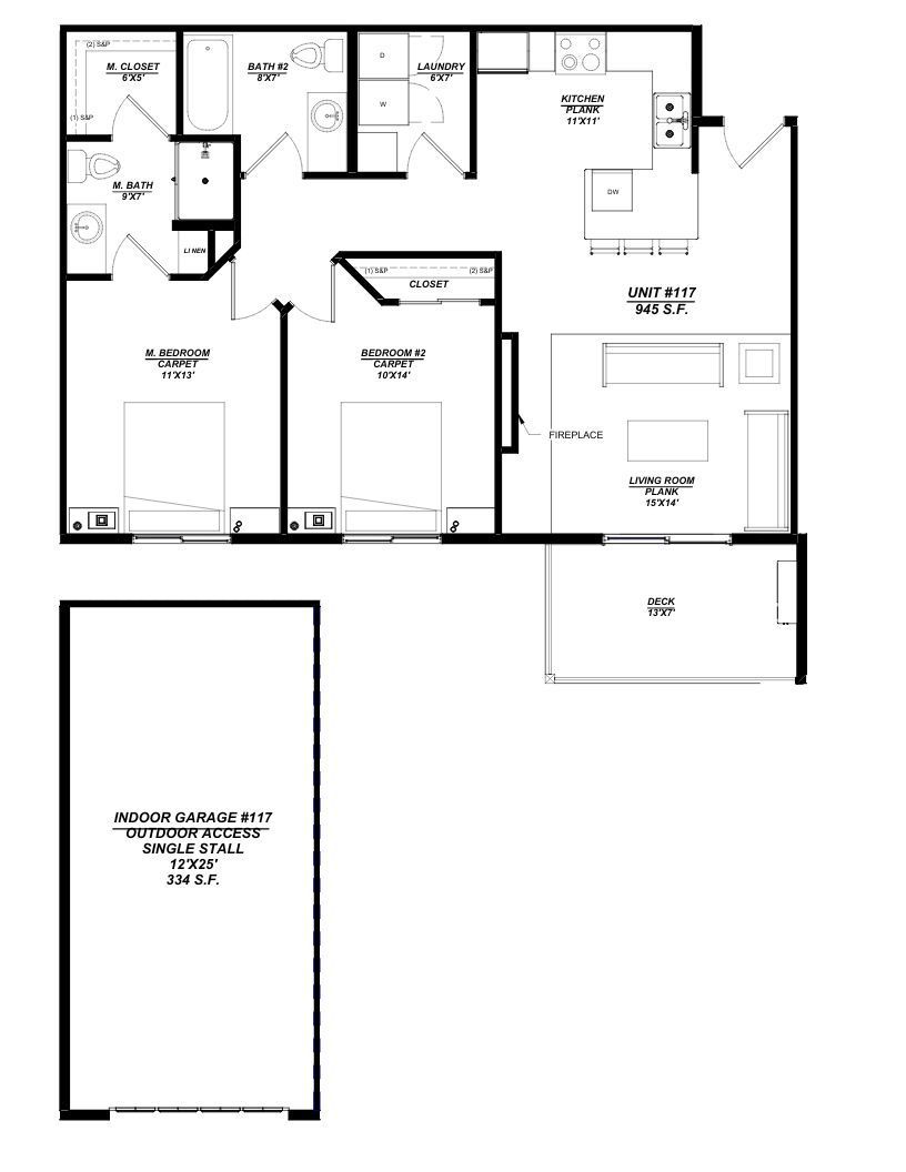 Woodland Creek Unit 117 – 2 Bed | 2 Bath, 944 sq ft, attached 1-car garage