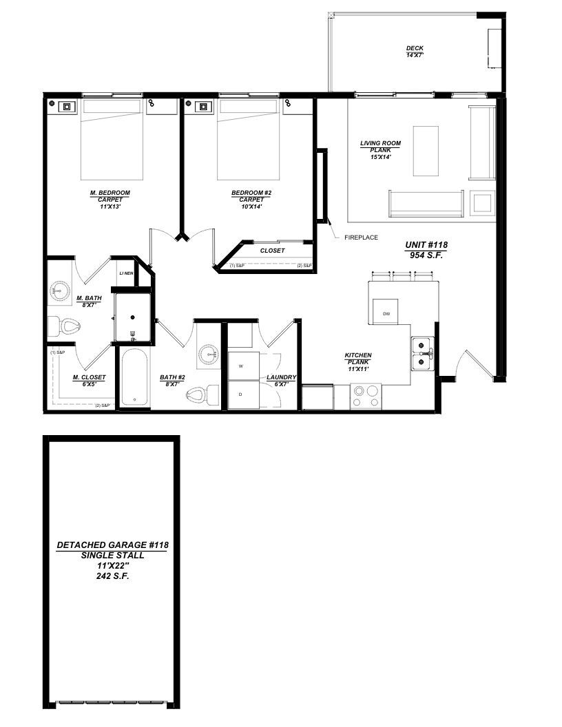 Woodland Creek Unit 118 – 2 Bed | 2 Bath, 954 sq ft, detached 1-car garage