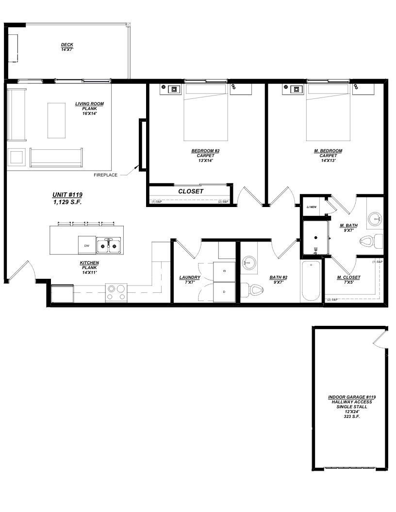 Woodland Creek Unit 119 – 2 Bed | 2 Bath, 1,129 sq ft, attached 1-car garage