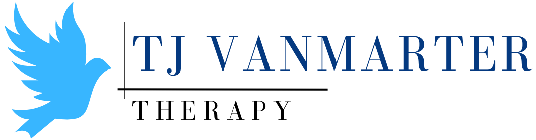The logo for tj vanmarter therapy has a blue bird on it.