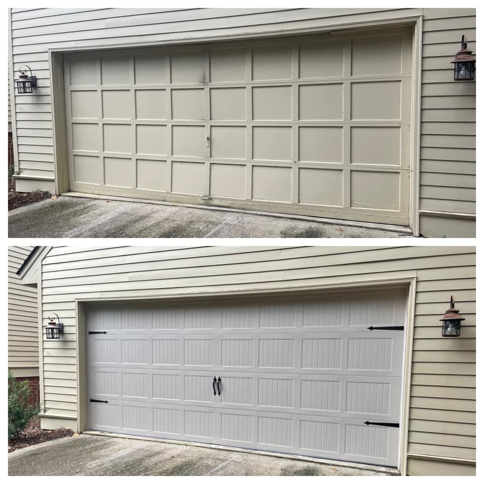 A before and after picture of a garage door being painted white.