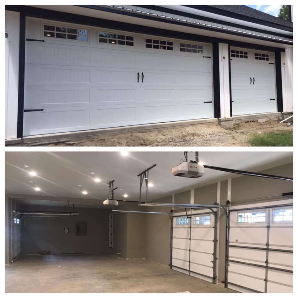 A before and after picture of a garage door being installed.