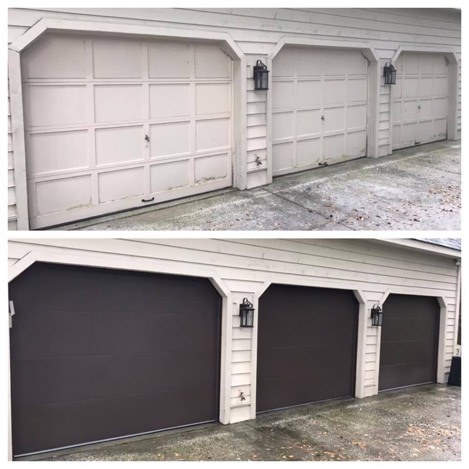 A before and after picture of a garage door being painted.