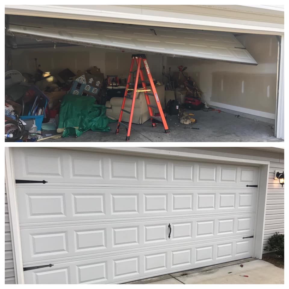 A before and after picture of a garage door being repaired.