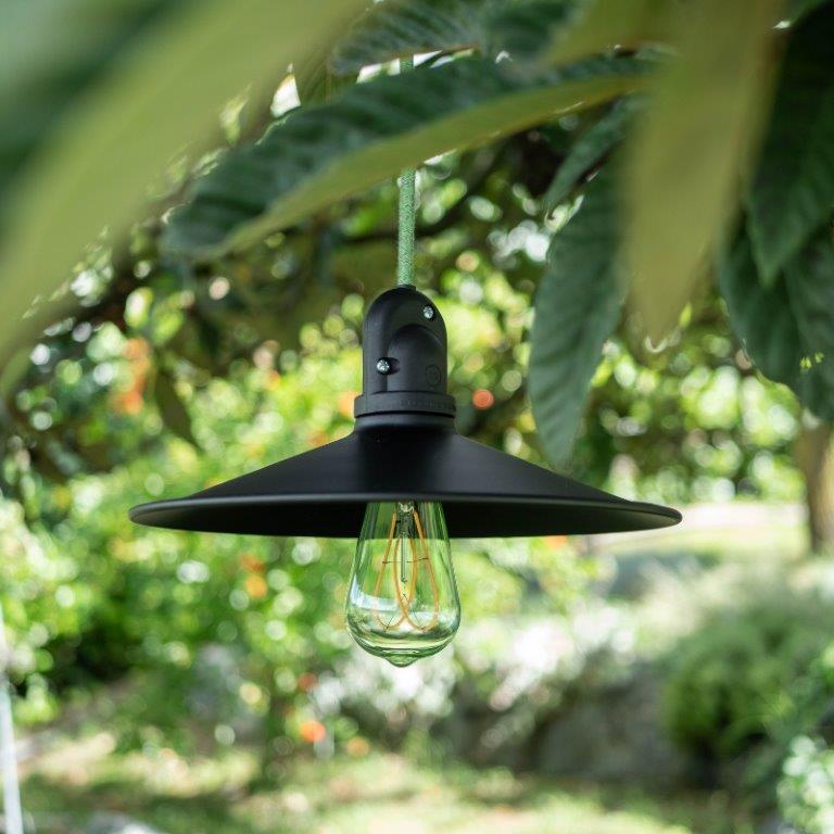 Eine schwarze Pendelleuchte mit einer Glühbirne, die von einem Baum hängt.