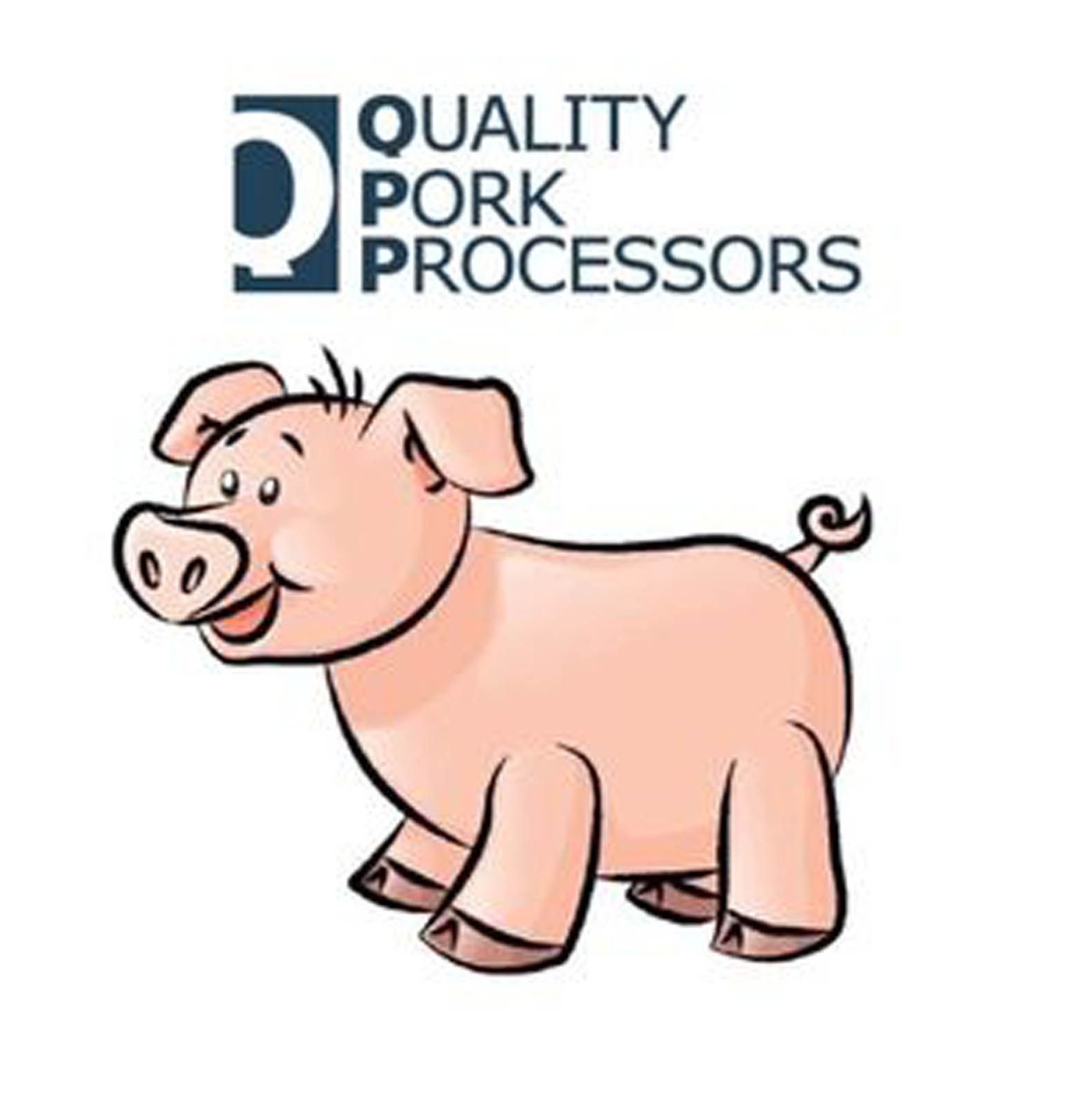 Cartoon pig standing next to the text 