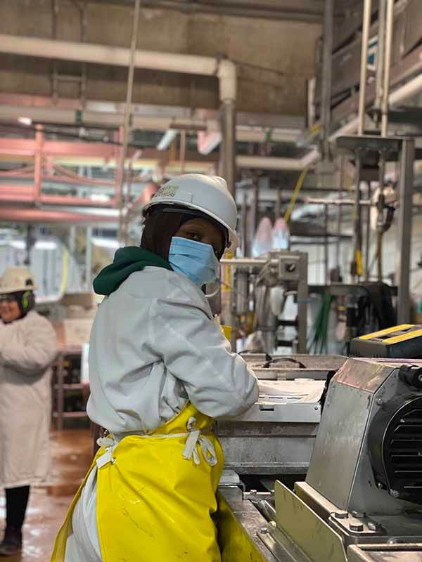 A person wearing a white hard hat, face mask, and yellow apron works at an industrial food processing station.