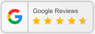 Google Reviews badge with multicolor Google “G” and five gold stars on a light gray background