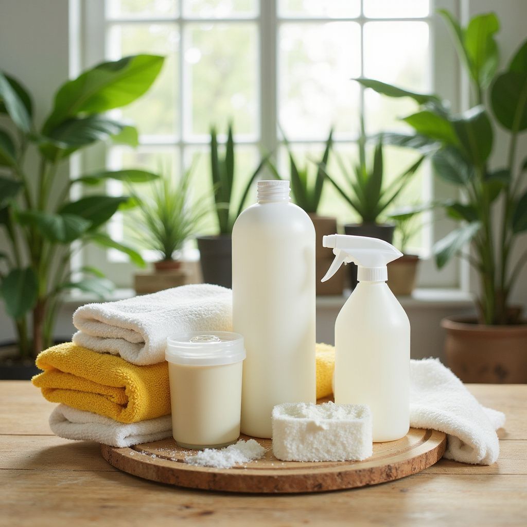 White cleaning products, towels, and soap on a wooden tray, in front of a window with plants.