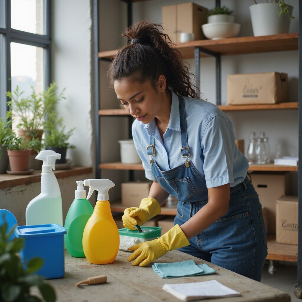 Woman in denim apron and yellow gloves cleaning a wooden table with cleaning supplies, indoor setting.