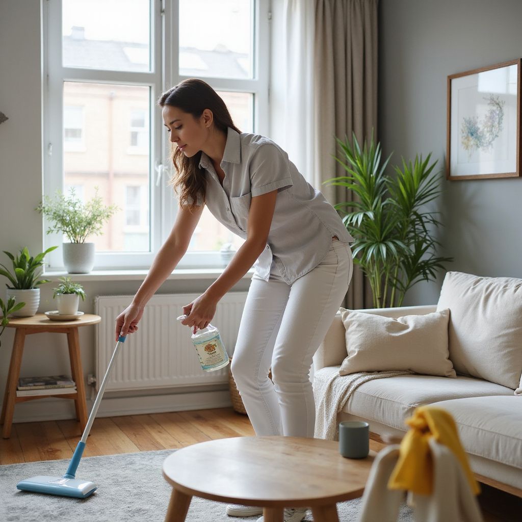 Woman mops a living room floor near a sofa and window, holding a spray bottle; bright and airy setting.