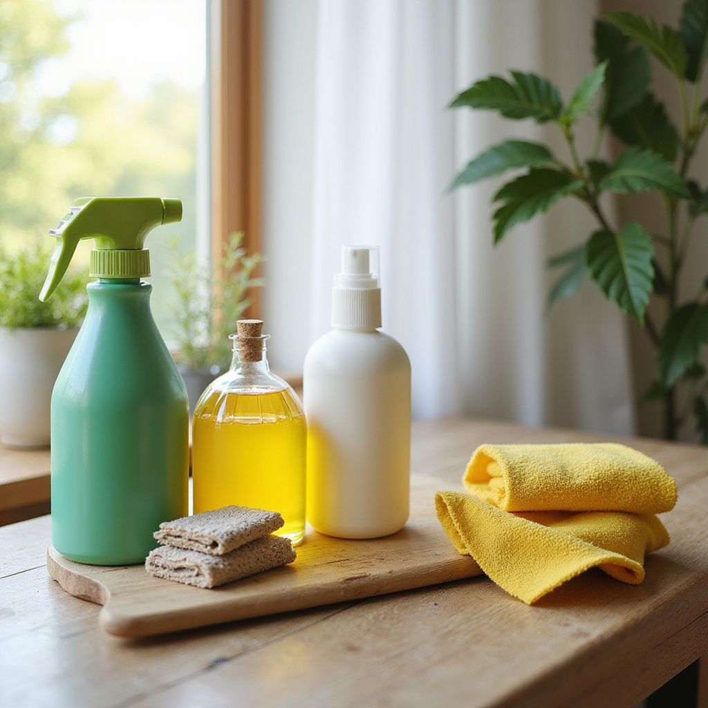 Cleaning supplies on wooden table by window: spray bottle, liquid in glass, white bottle, stacked crackers, yellow towels.