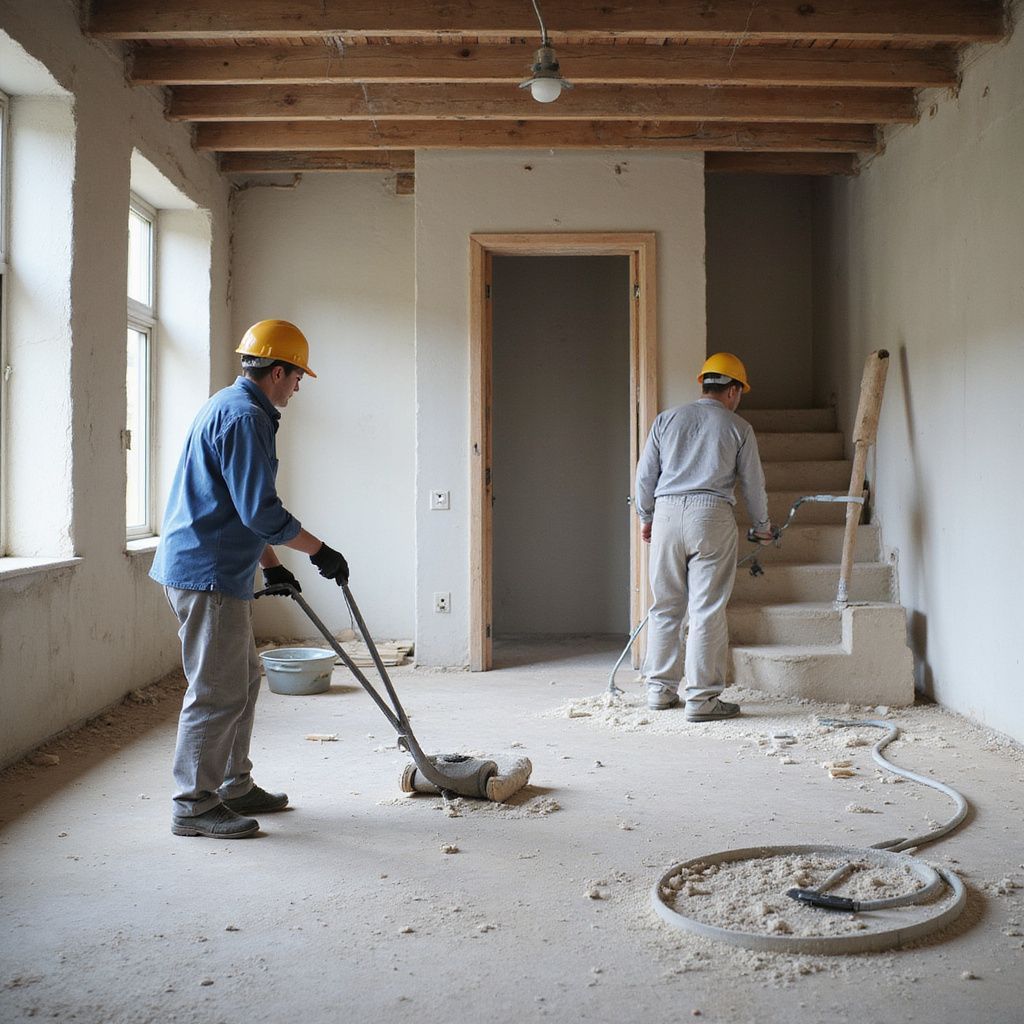 Two construction workers in yellow hard hats, clearing debris in a room with unfinished stairs, walls, and ceiling beams.
