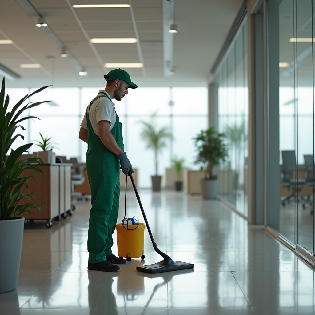 Custodian wearing green overalls mops a shiny office floor near glass-walled rooms and potted plants.