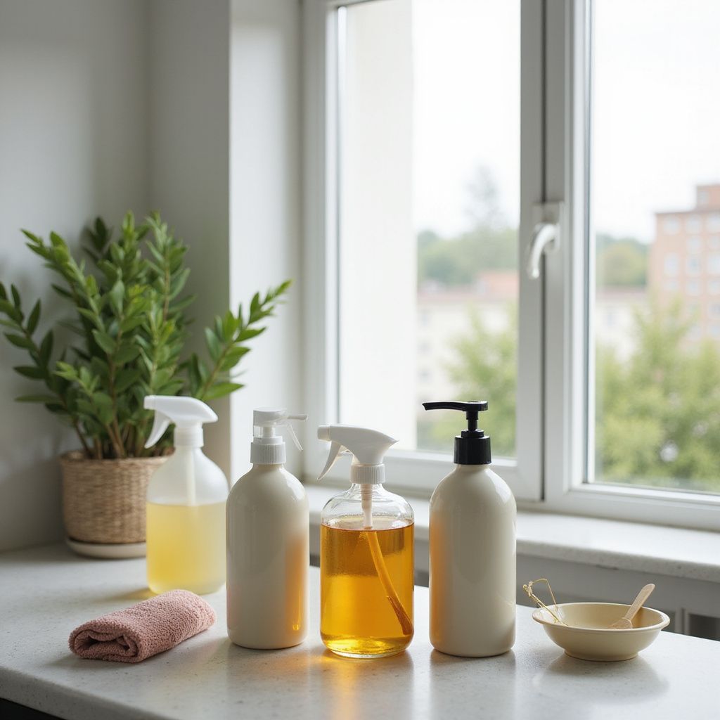 Cleaning supplies on a counter near a window; includes spray bottles, soap dispenser, plant, and bowl.