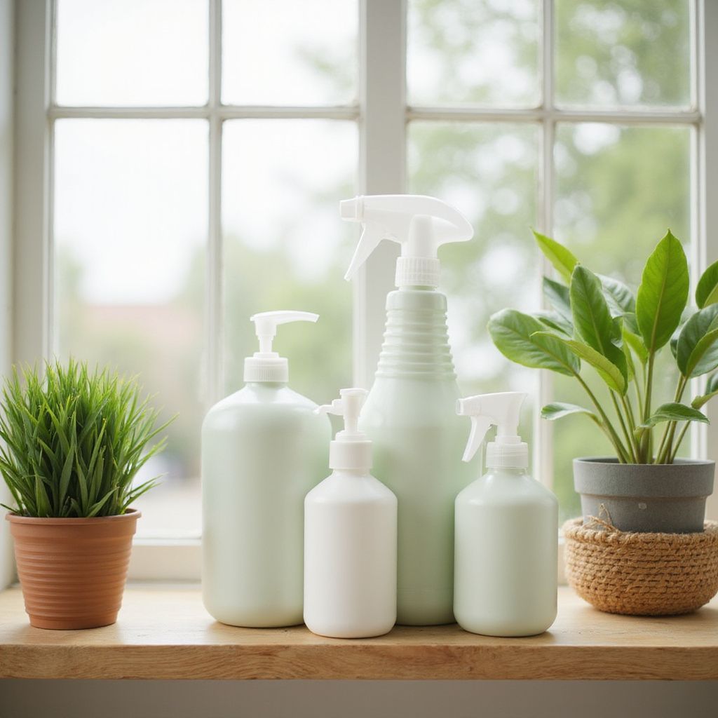 Cleaning products and plants on a windowsill; light green and white bottles, green plants, wood surface.