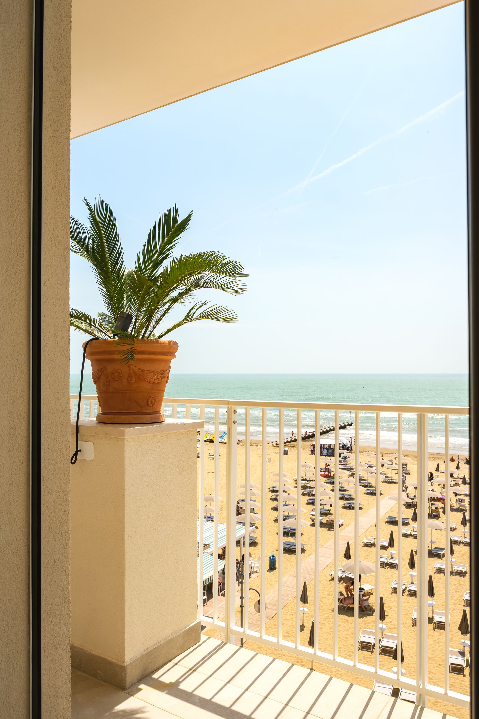 Un balcone con una pianta in vaso e vista sulla spiaggia.