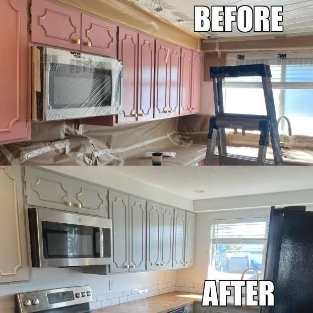 A before and after picture of a kitchen with pink cabinets