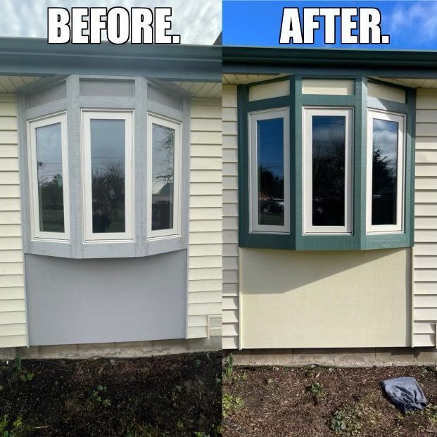 A before and after picture of a bay window