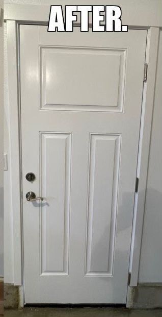 A white door with the words `` after '' above it.