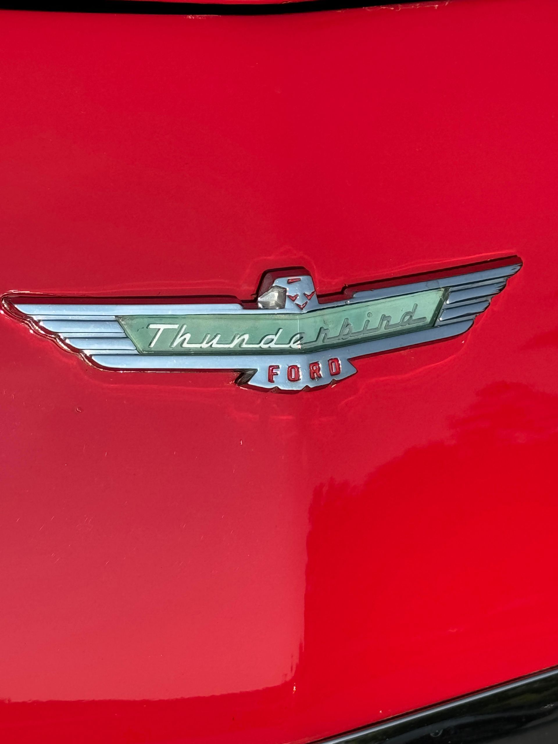 Red Ford Thunderbird emblem. Silver wings, teal lettering 