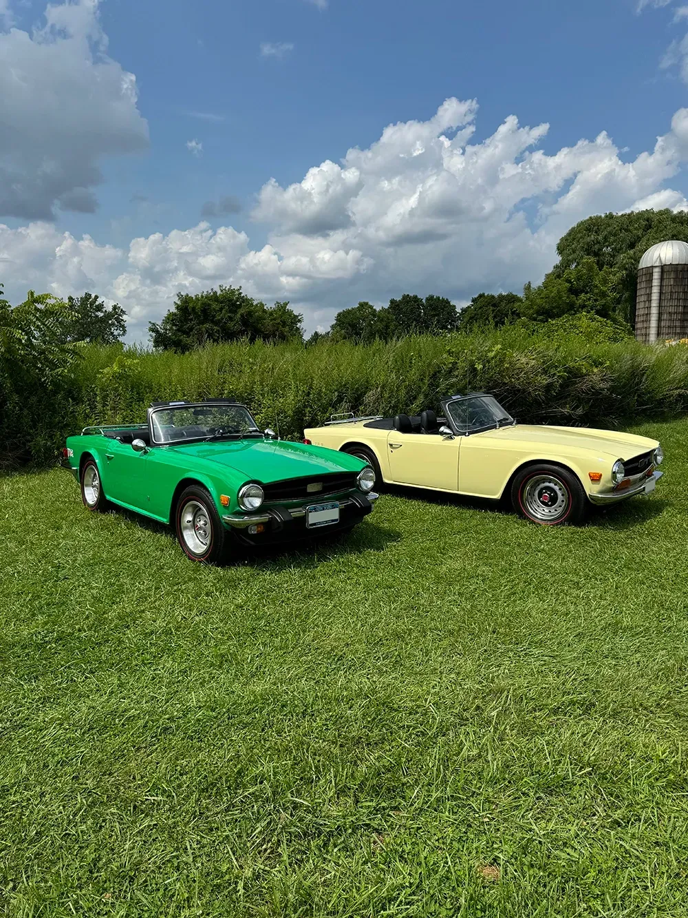 Two classic convertible cars, one green and one yellow, parked in a grassy field on a sunny day.