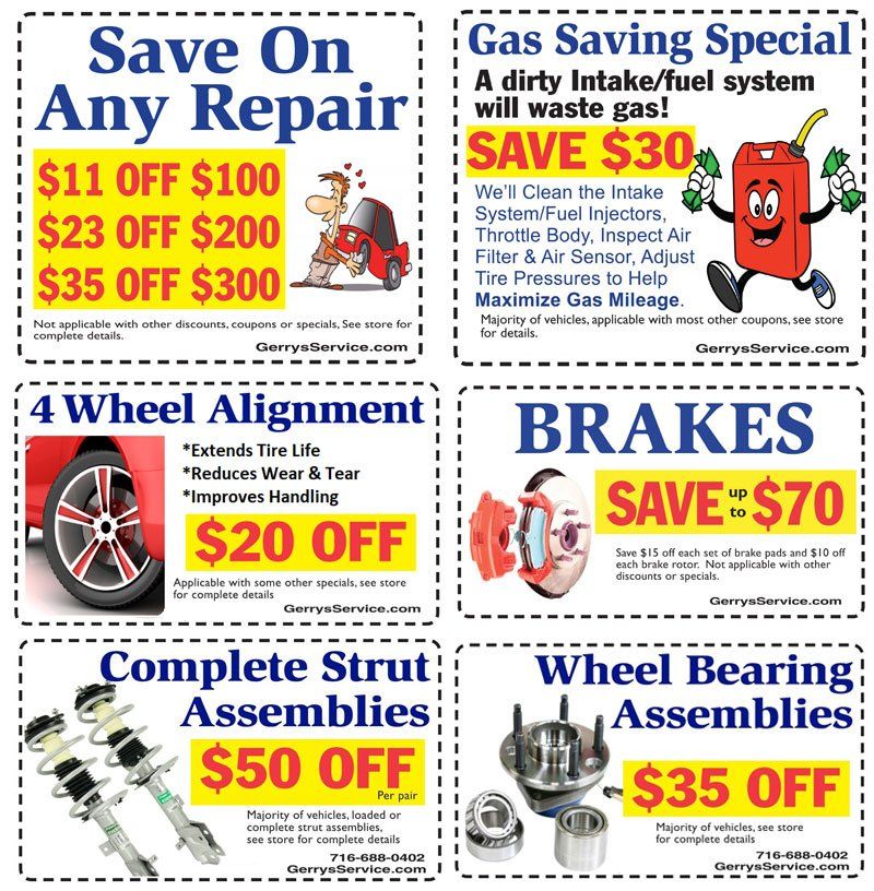Coupons for car repair services, including brake, alignment, and gas system cleaning; featuring text and graphics.