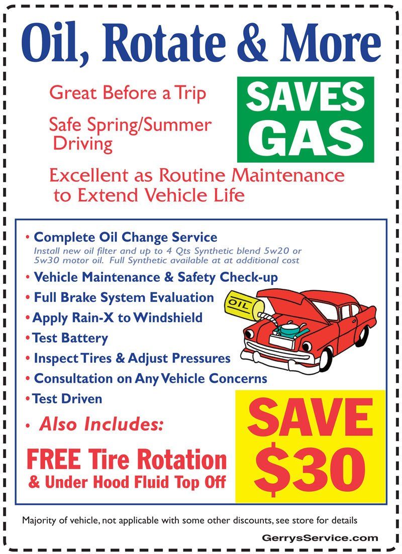 Advertisement for oil change service. Includes tire rotation, fluid top-off, and other inspections. Text says 