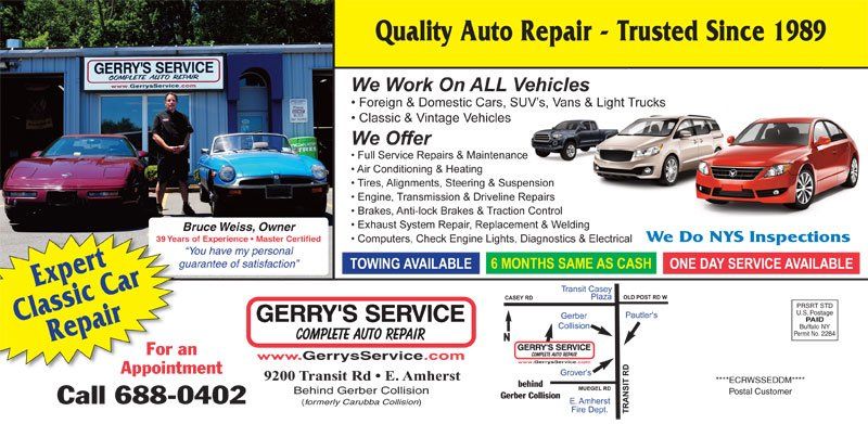 Advertisement for Gerry's Service, a car repair shop. It has a photo of the shop, cars, and a map.