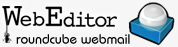 Web editor logo, text with a blue square and button graphic, “roundcube webmail.”