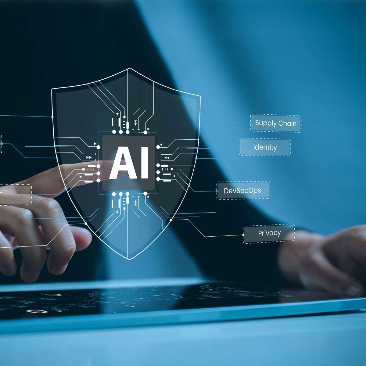 A person is using a tablet with a shield that says ai on it