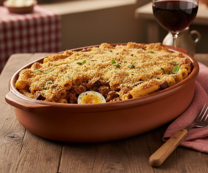 Una teglia di pasta al forno in terracotta su un tavolo rustico, con un bicchiere di vino rosso accanto.