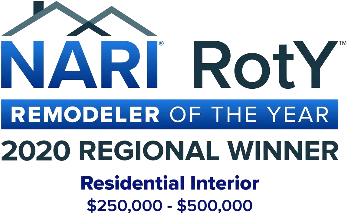 NARI Remodeler of the Year badge, 2020 Regional Winner, Residential Interior $250,000 to $500,000