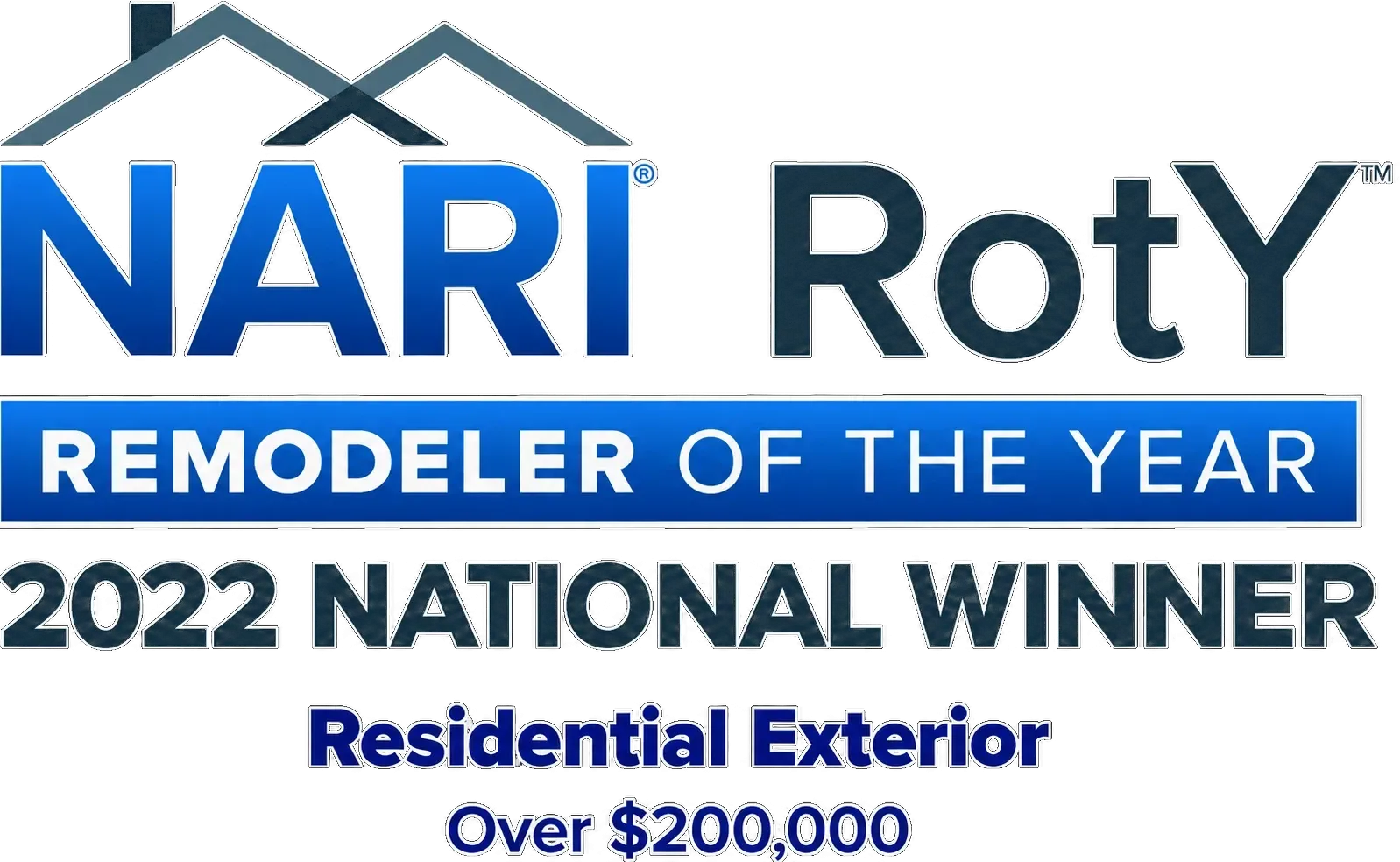 NARI Remodeler of the Year badge, 2022 National Winner, Residential Exterior Over $200,000