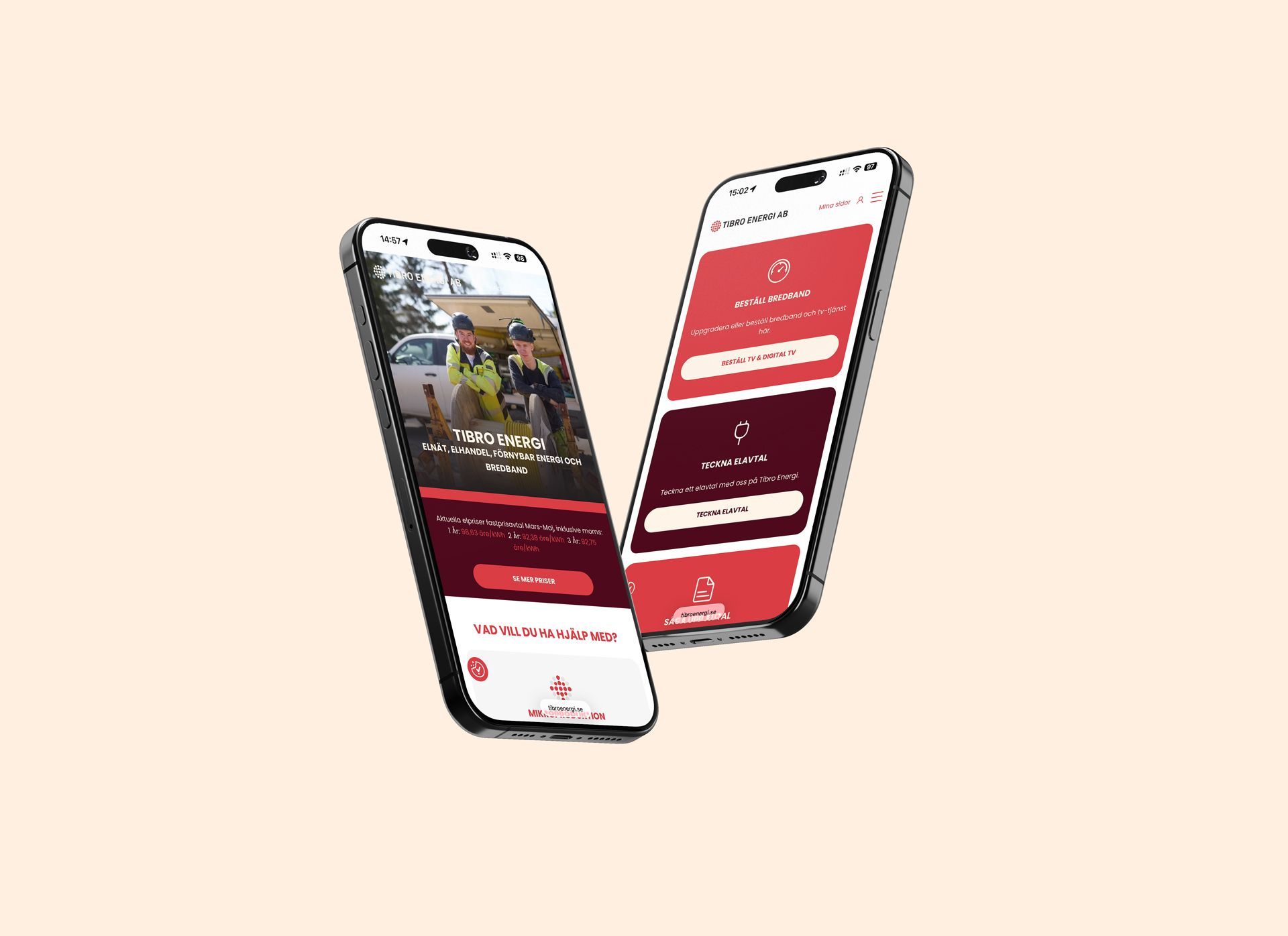 Tibro Energis hemsida på 2st mobiler som visar olika sidor.