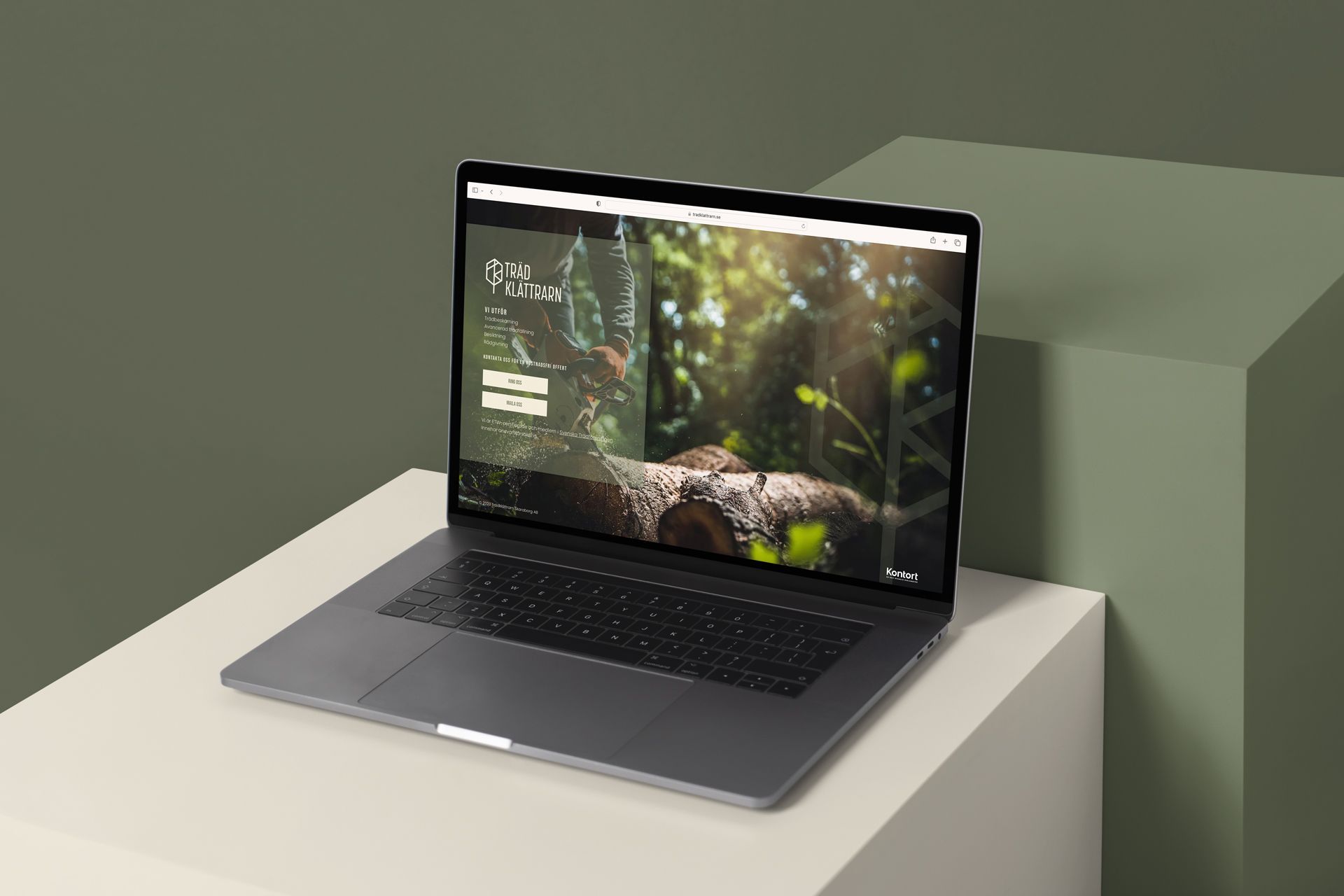 Laptop med trädklättrarns hemsida. Datorn står på en beige kub med en större högre grön kub bakom.