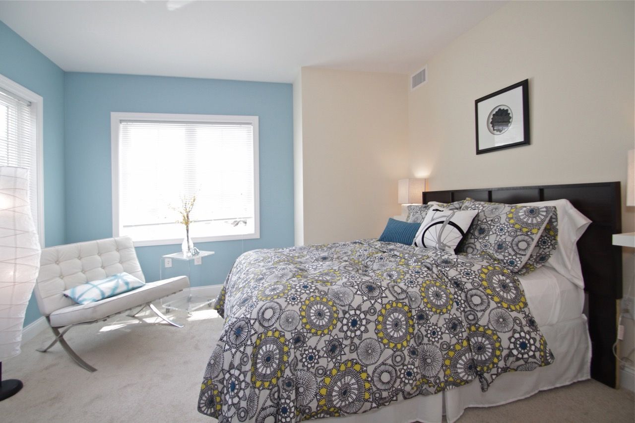 Bedroom with blue accent wall, large bed, patterned bedding, and a white chair by the window.