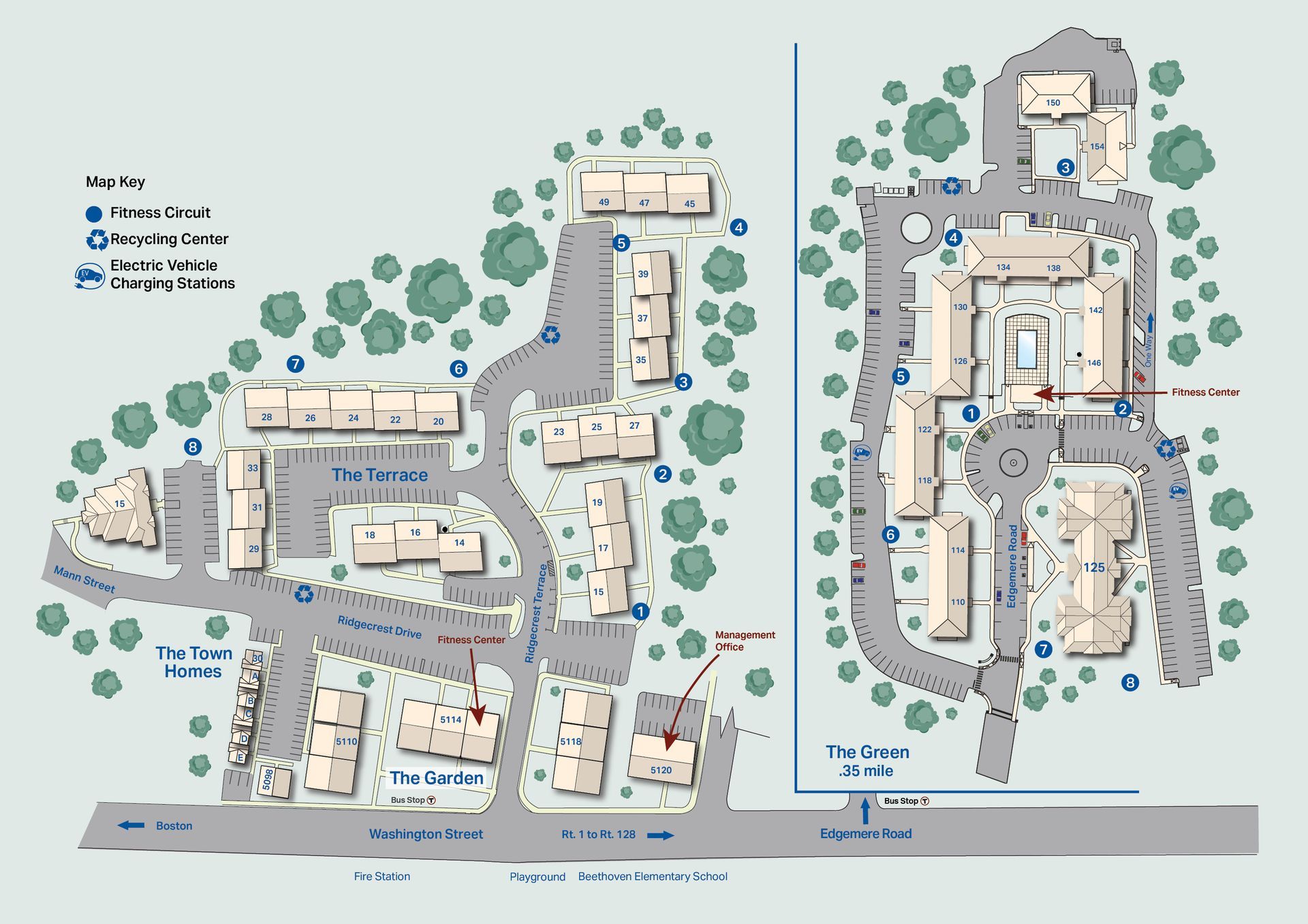 Site map of a building complex with labeled roads, parking, and surrounding trees