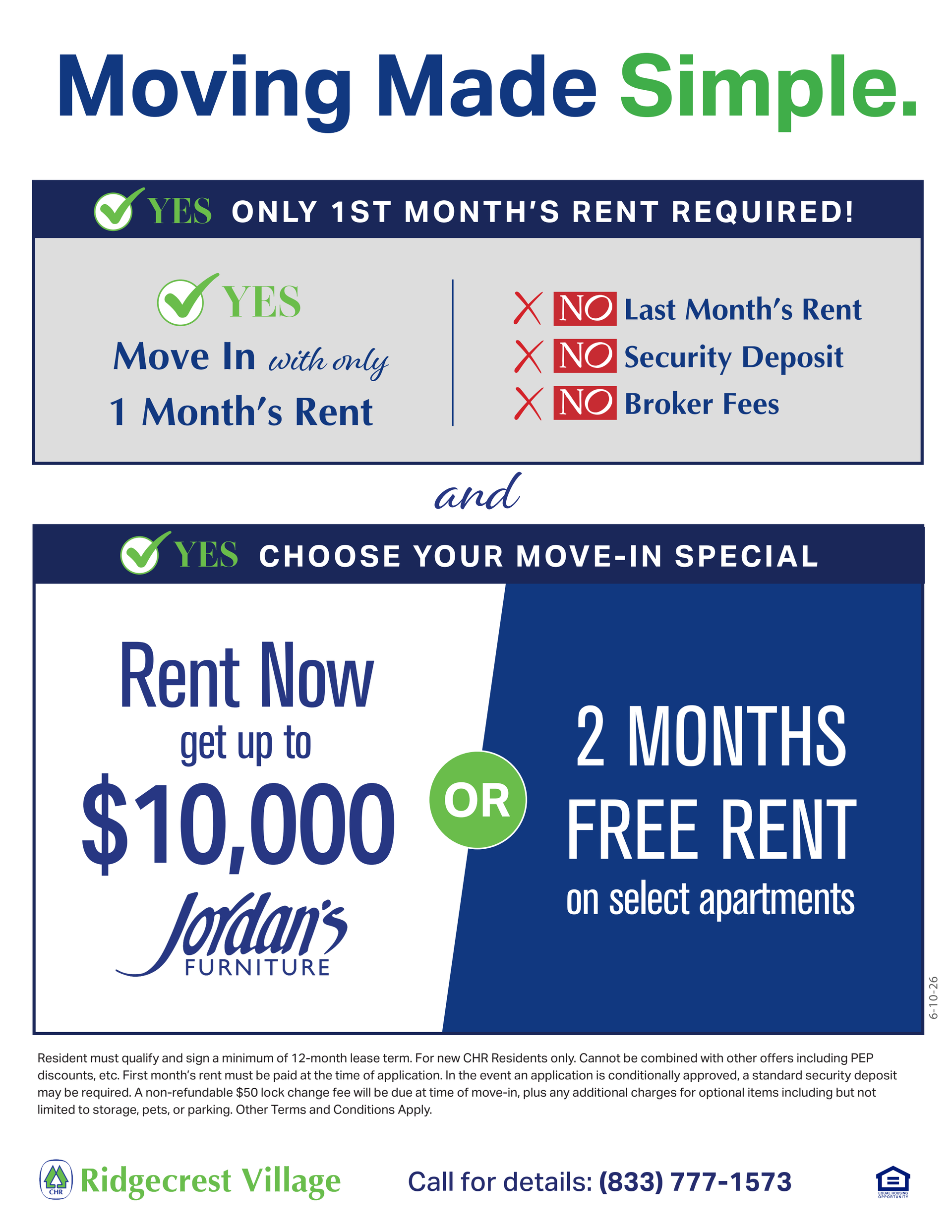 Apartment rental ad: “Moving Made Simple” with $10,000 or 2 months free rent at Jardins Apartments.