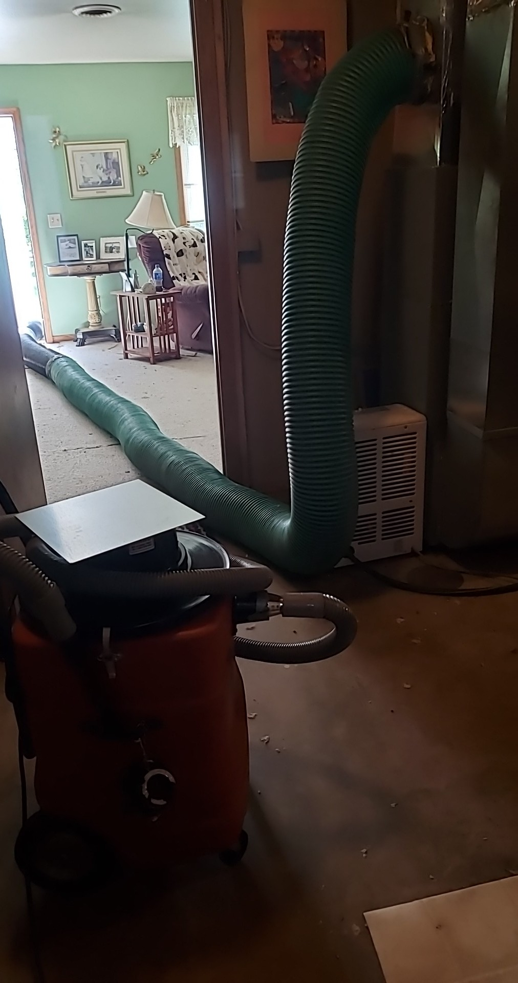 A vacuum cleaner is sitting in a living room next to a green hose.