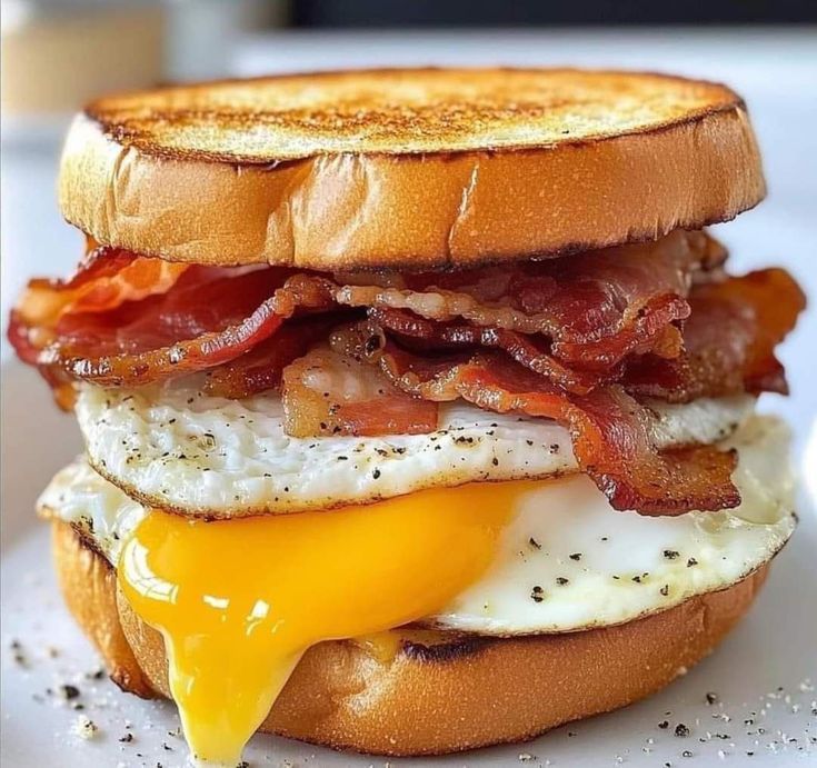 Egg, bacon, and cheese sandwich on toasted bread, with a runny yolk.