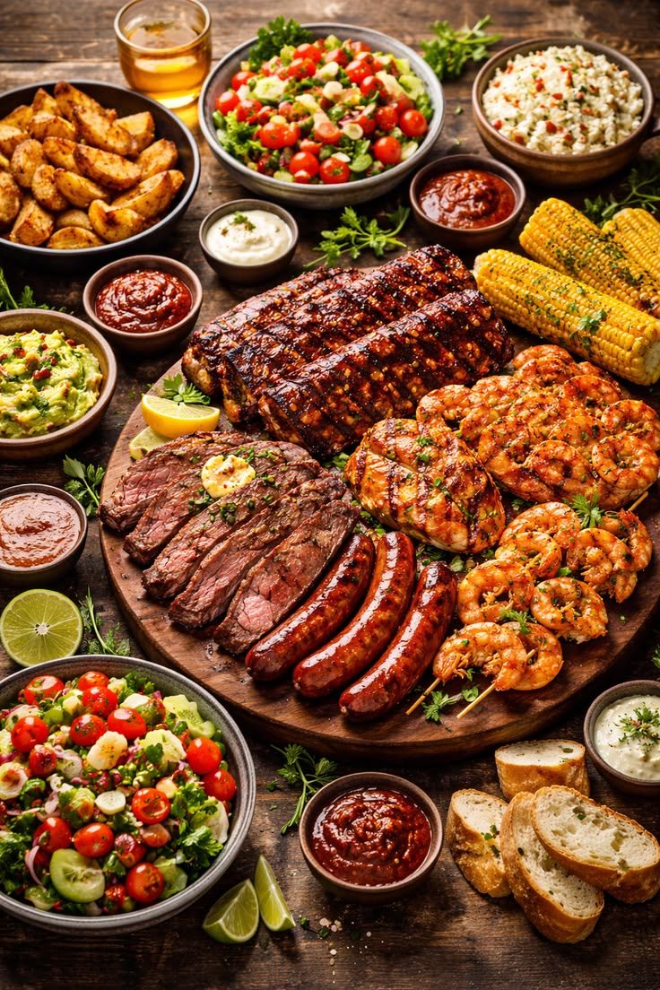 Grilled meats, sides, and sauces arranged on a wooden table; a barbecue spread.