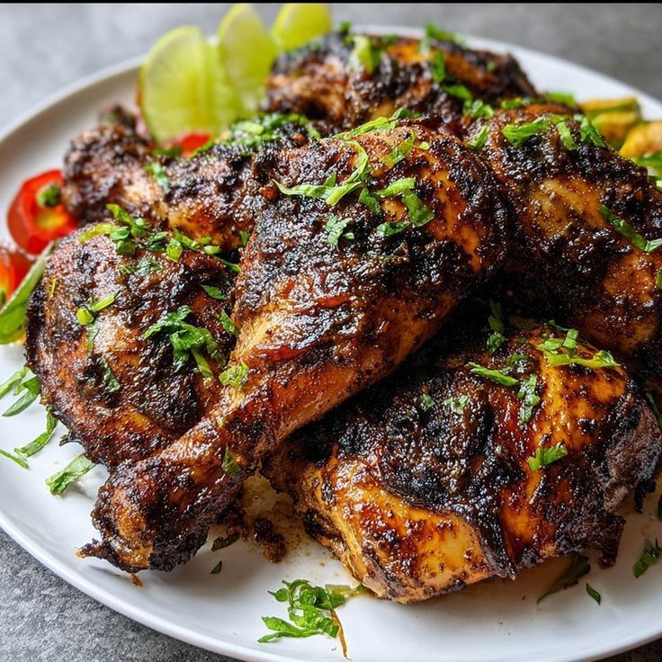 Grilled chicken on a white plate, garnished with parsley and lime wedges.