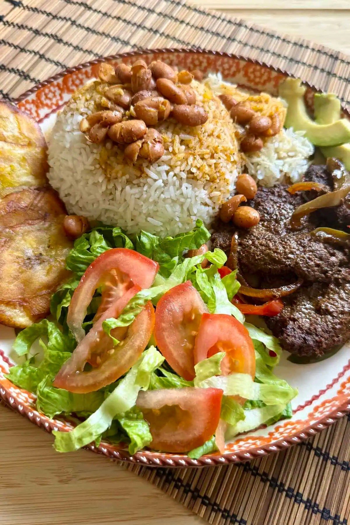 Plate of Dominican food: rice, beans, meat, plantains, salad, and avocado.