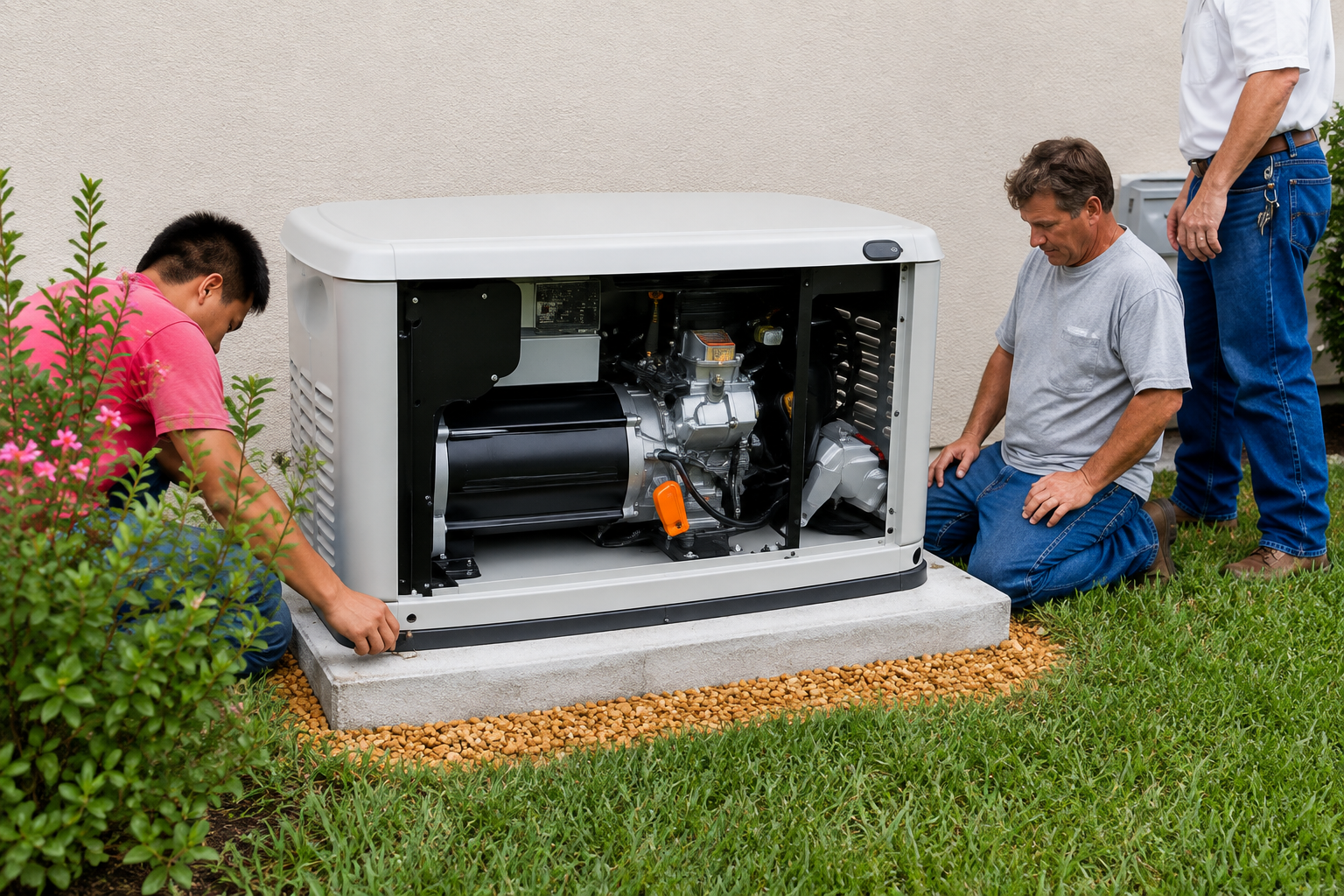 technicians working on an open standby generator installed beside a building.