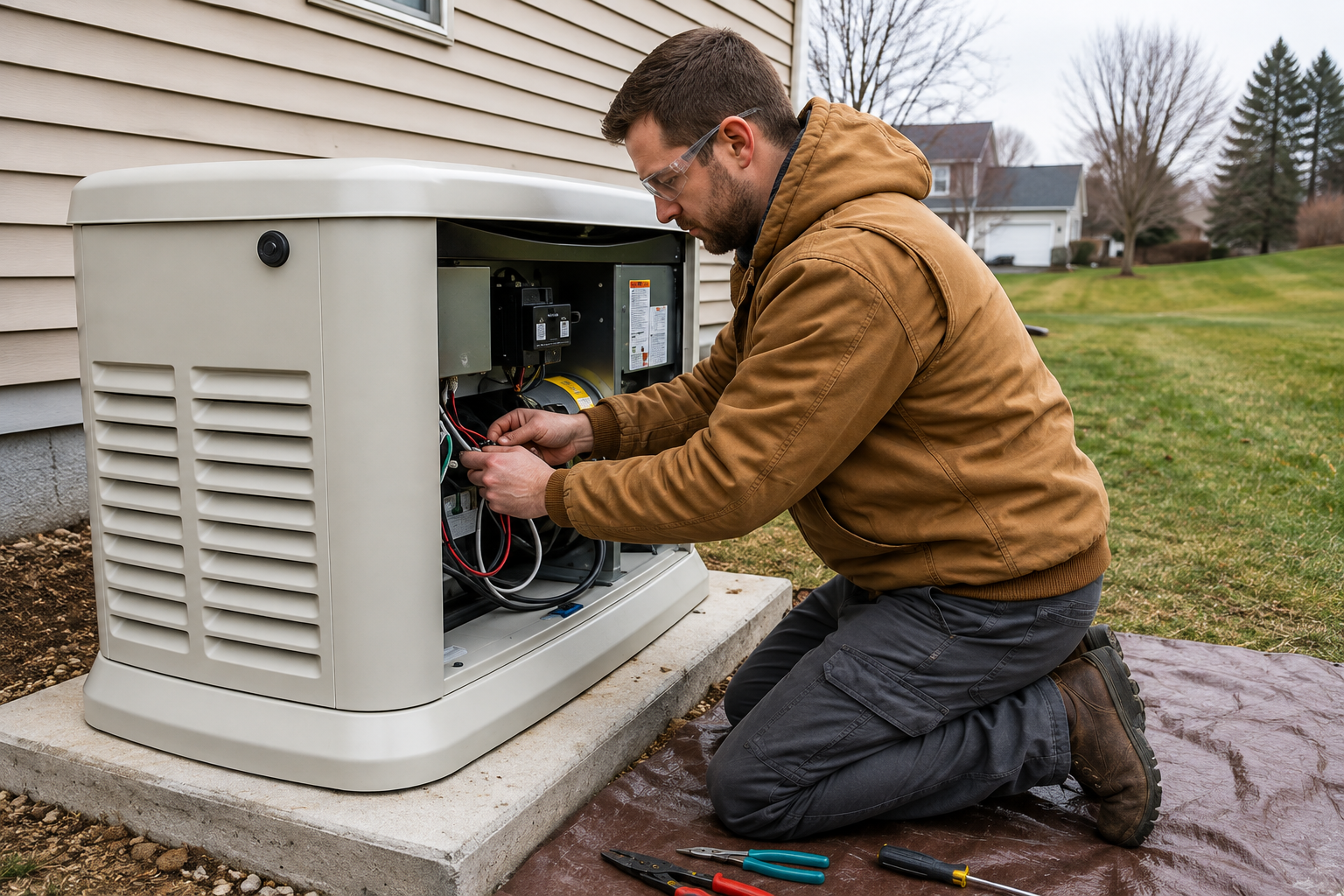 Technician servicing an outdoor standby generator with its side panel open beside a home.
