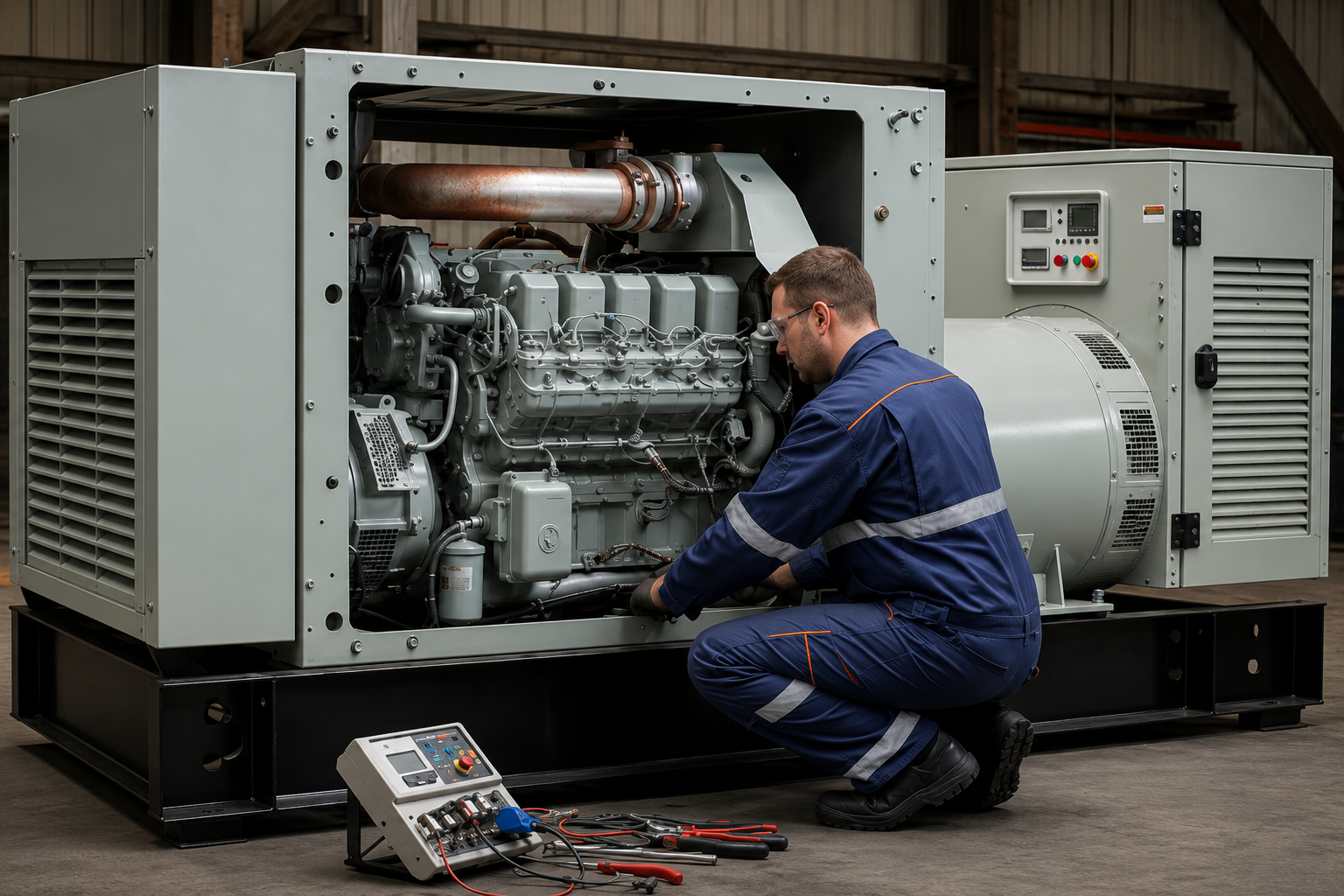 technician inspecting a large industrial generator with exposed engine parts inside a workshop.